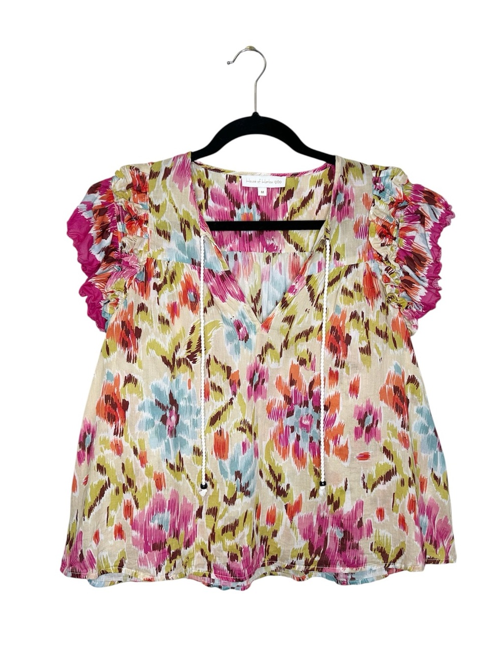 HOUSE OF HARLOW 1960 Ruffle Sleeve Floral Boho 100% Cotton top size Medium